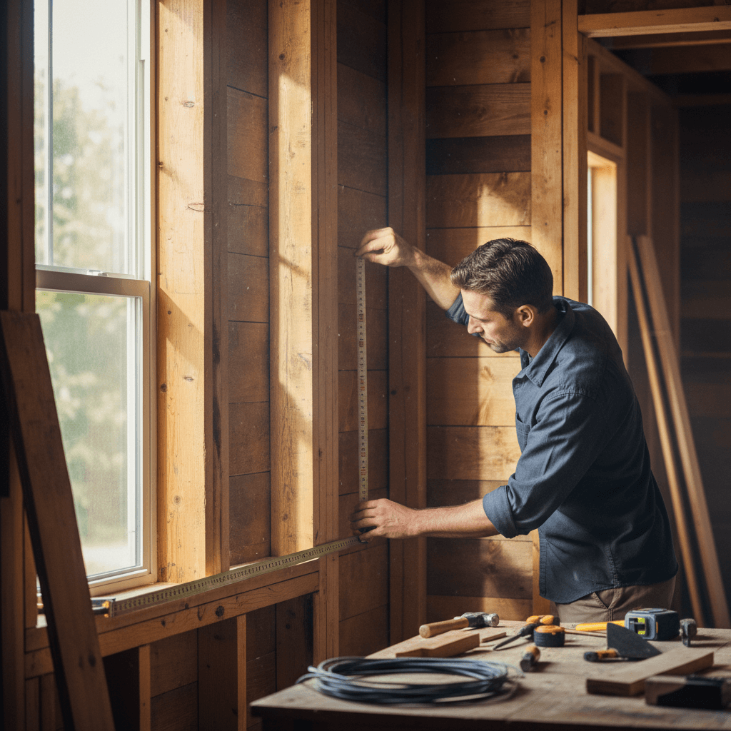 Builder measuring timber framing during renovation project