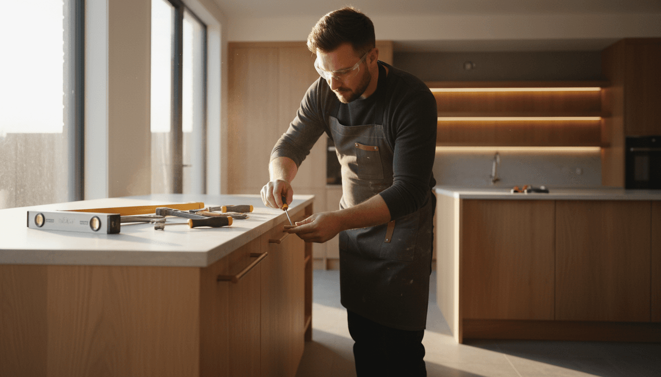Professional tradesperson installing custom cabinetry in a modern Sydney kitchen renovation