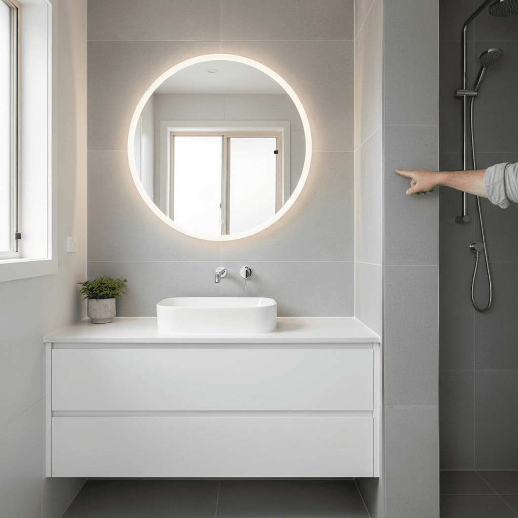 Completed bathroom renovation with custom tiling and fixtures