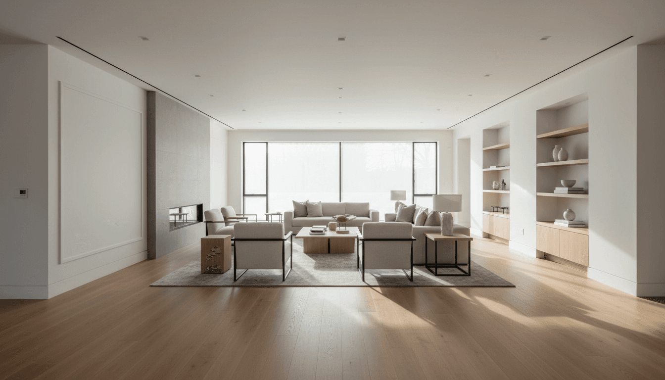 Completed modern residential renovation showing bright kitchen and living space