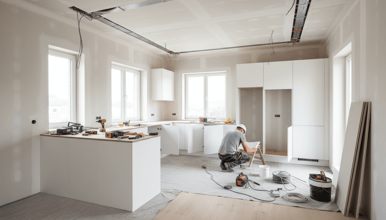 Skilled tradesperson installing premium kitchen cabinetry during a residential renovation project